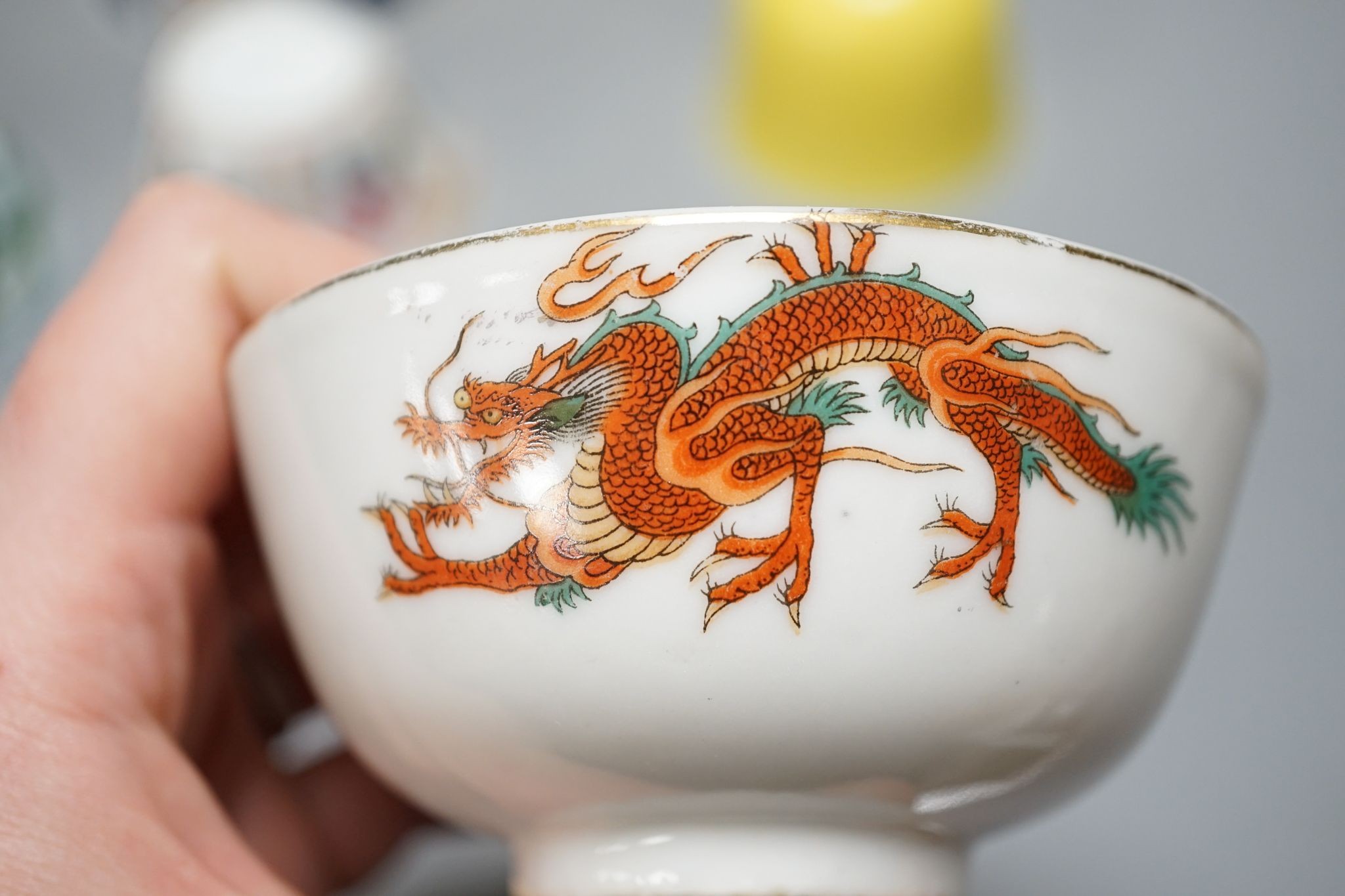 Nine Chinese porcelain tea bowls, tallest 6 cm.